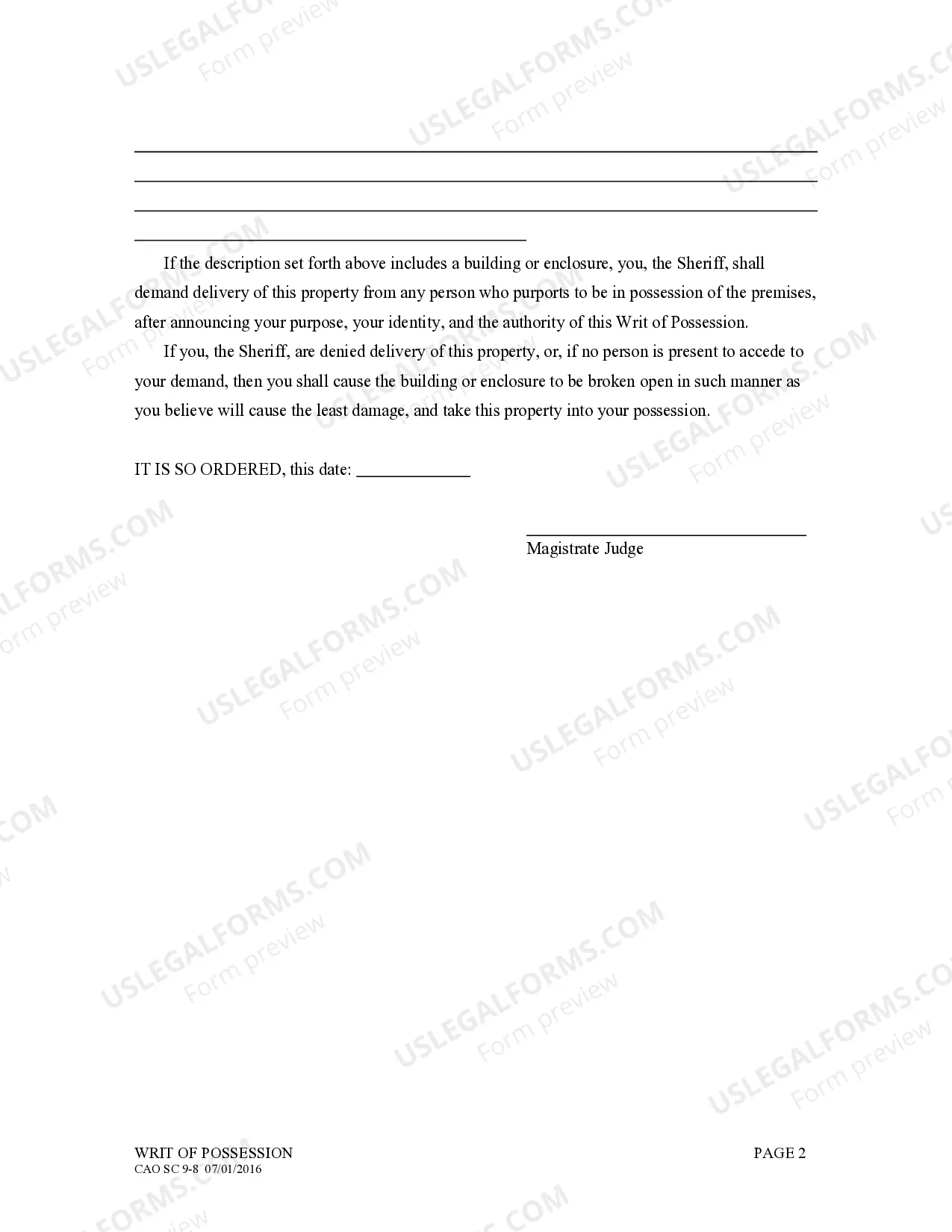 Preview Writ of Possession On Small Claims Judgment