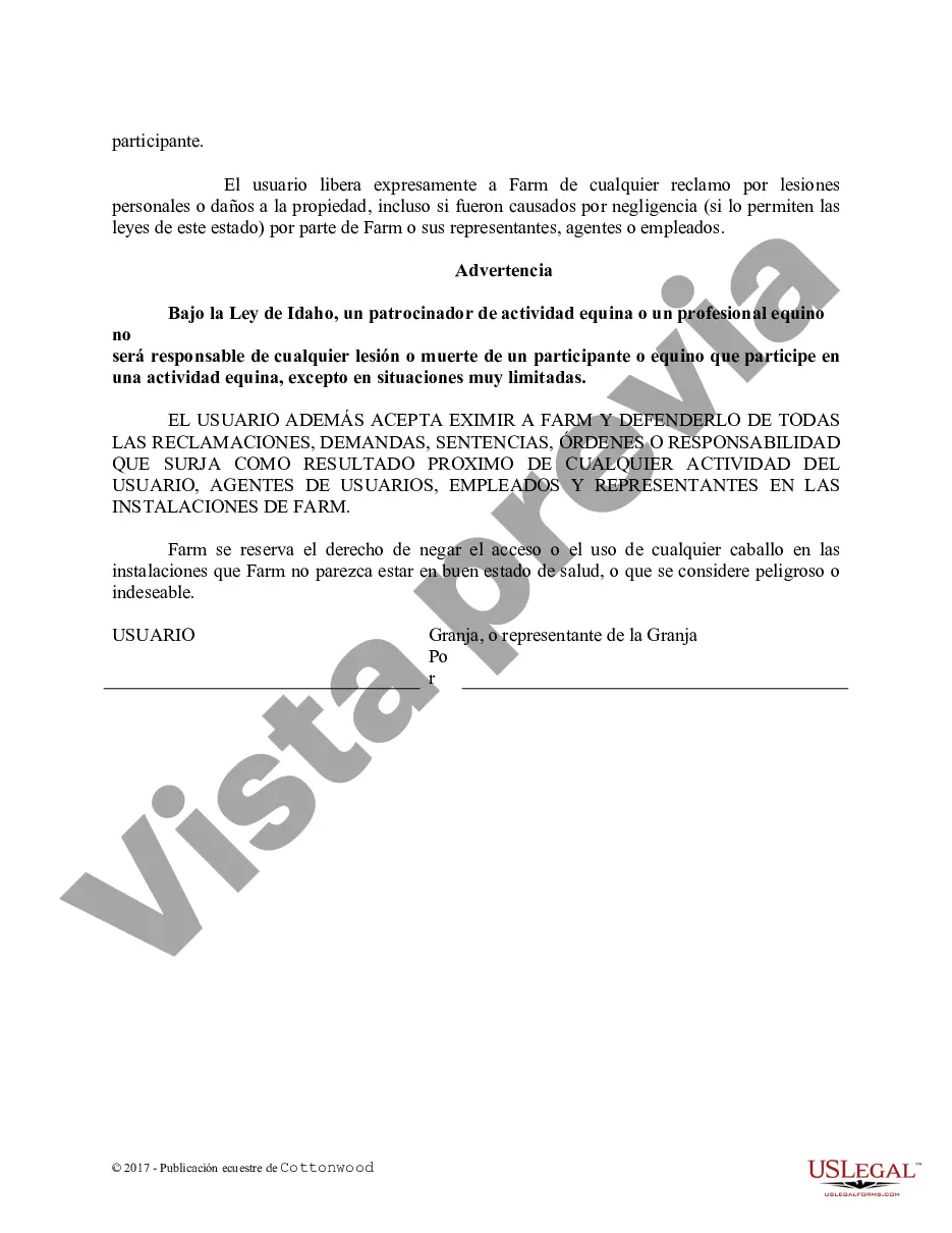 Preview Acuerdo de liberación de instalaciones - Espectáculo o clínica - Formularios equinos de caballos