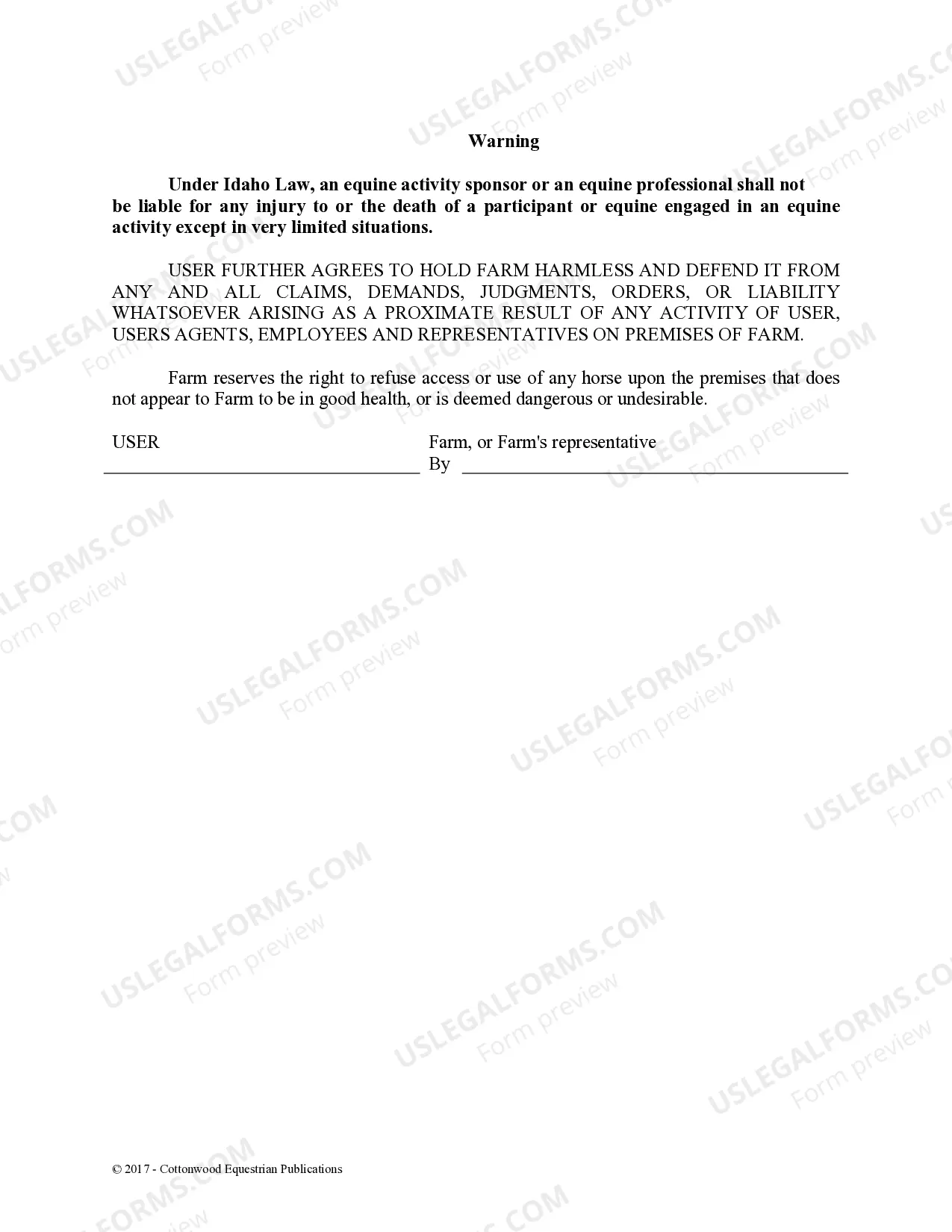 Preview Facility Release Agreement - Show Or Clinic - Horse Equine Forms