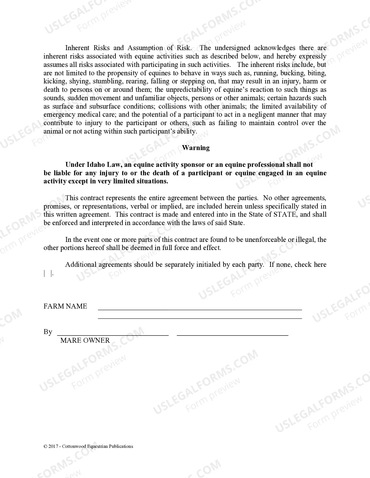 Preview Stallion Service Contract - Horse Equine Forms