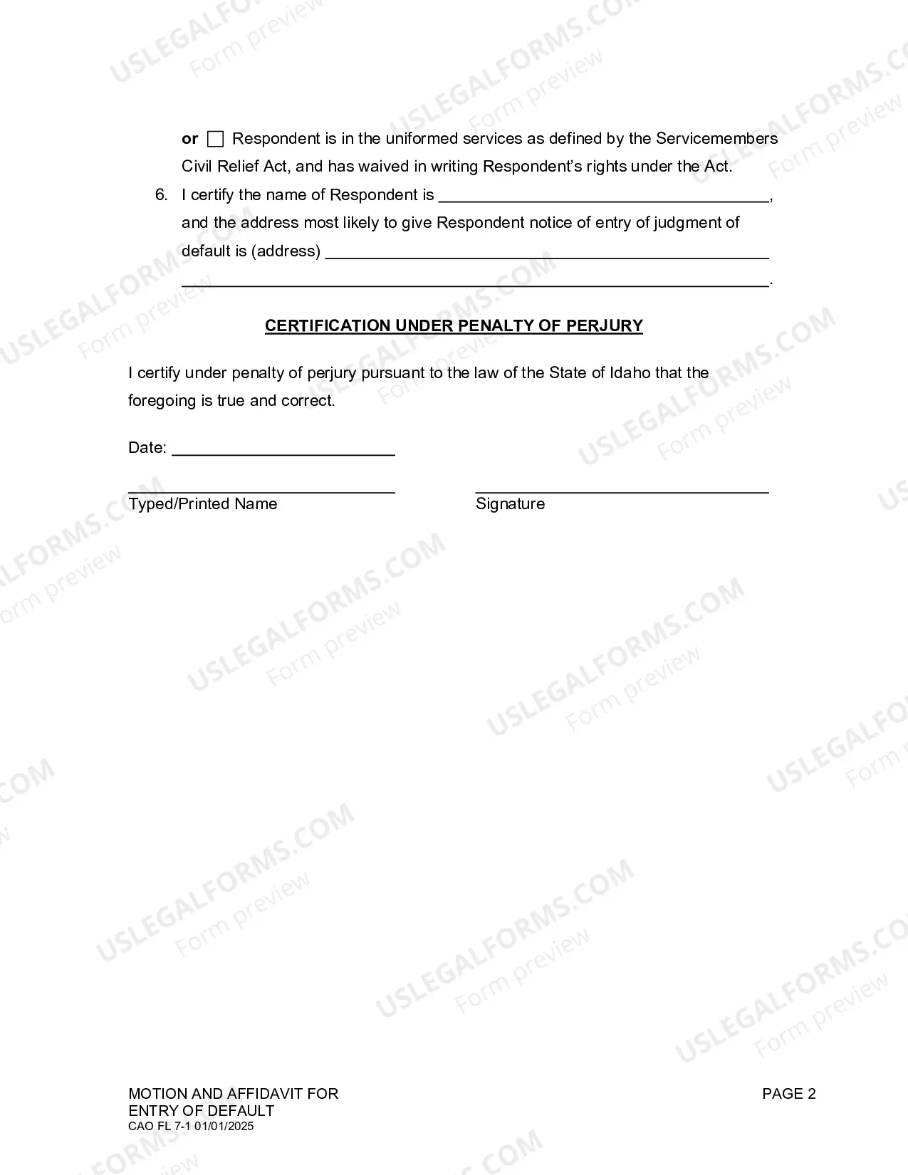 Preview Affidavit and Application for Entry of Default
