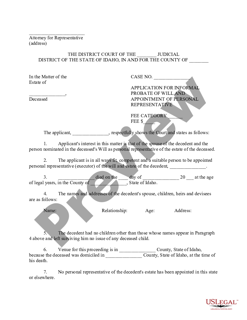 Idaho Application for Informal Probate of Will and Appointment of