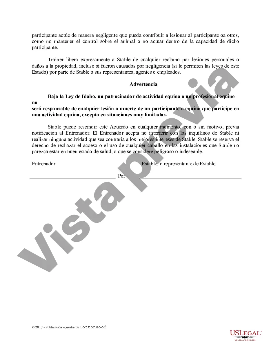 Preview Acuerdo de uso de las instalaciones del entrenador - Formularios equinos de caballos