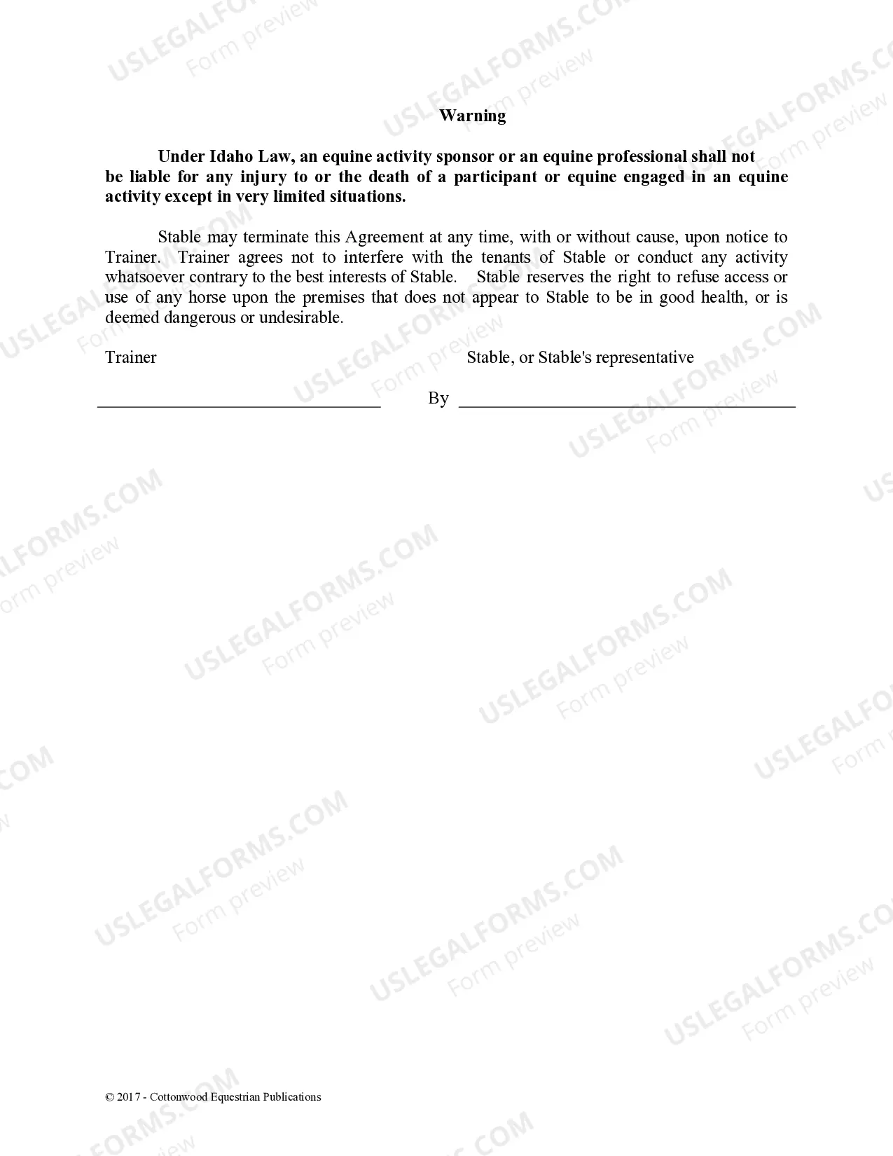 Preview Trainer's Facility Use Agreement - Horse Equine Forms