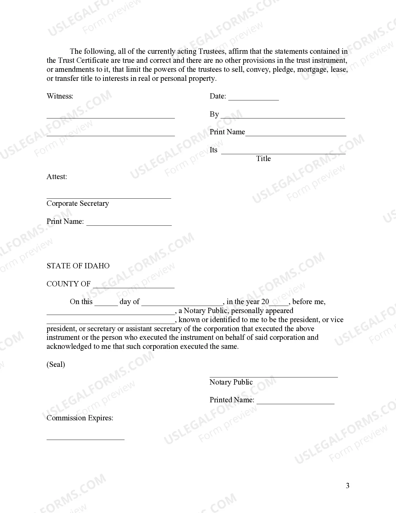 Preview Idaho Certificate of Trust by Corporation