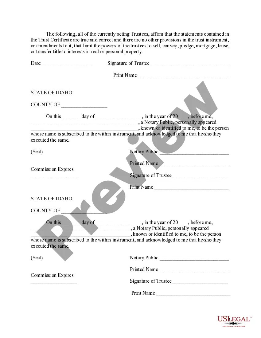 Preview Idaho Certificate of Trust by Individual