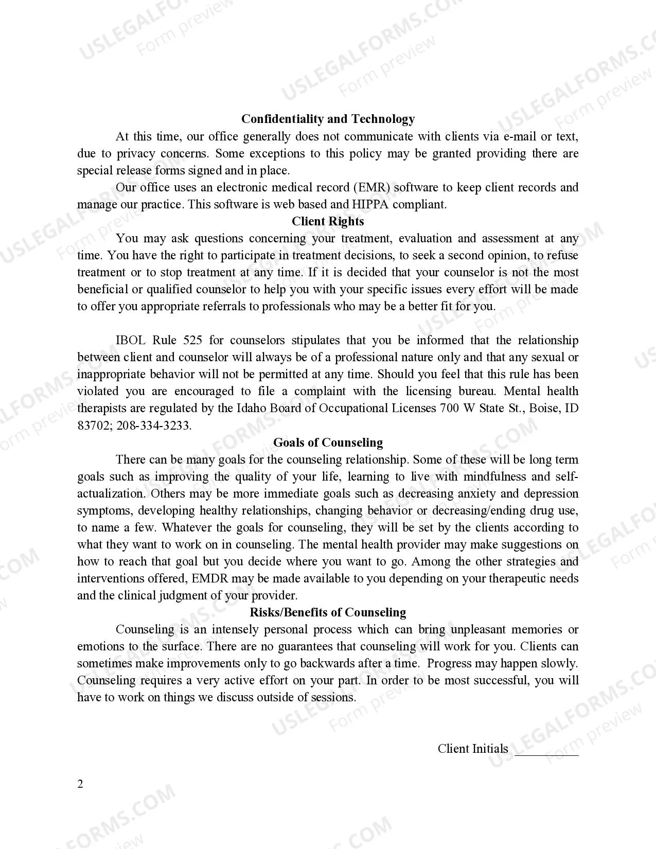 Preview Informed Consent for Mental Health Treatment with Terms of Service - Idaho