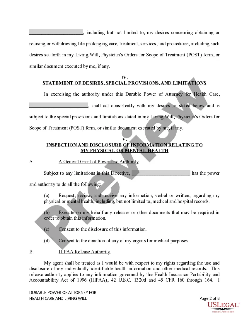 Preview Durable Power of Attorney for Healthcare and Living Will