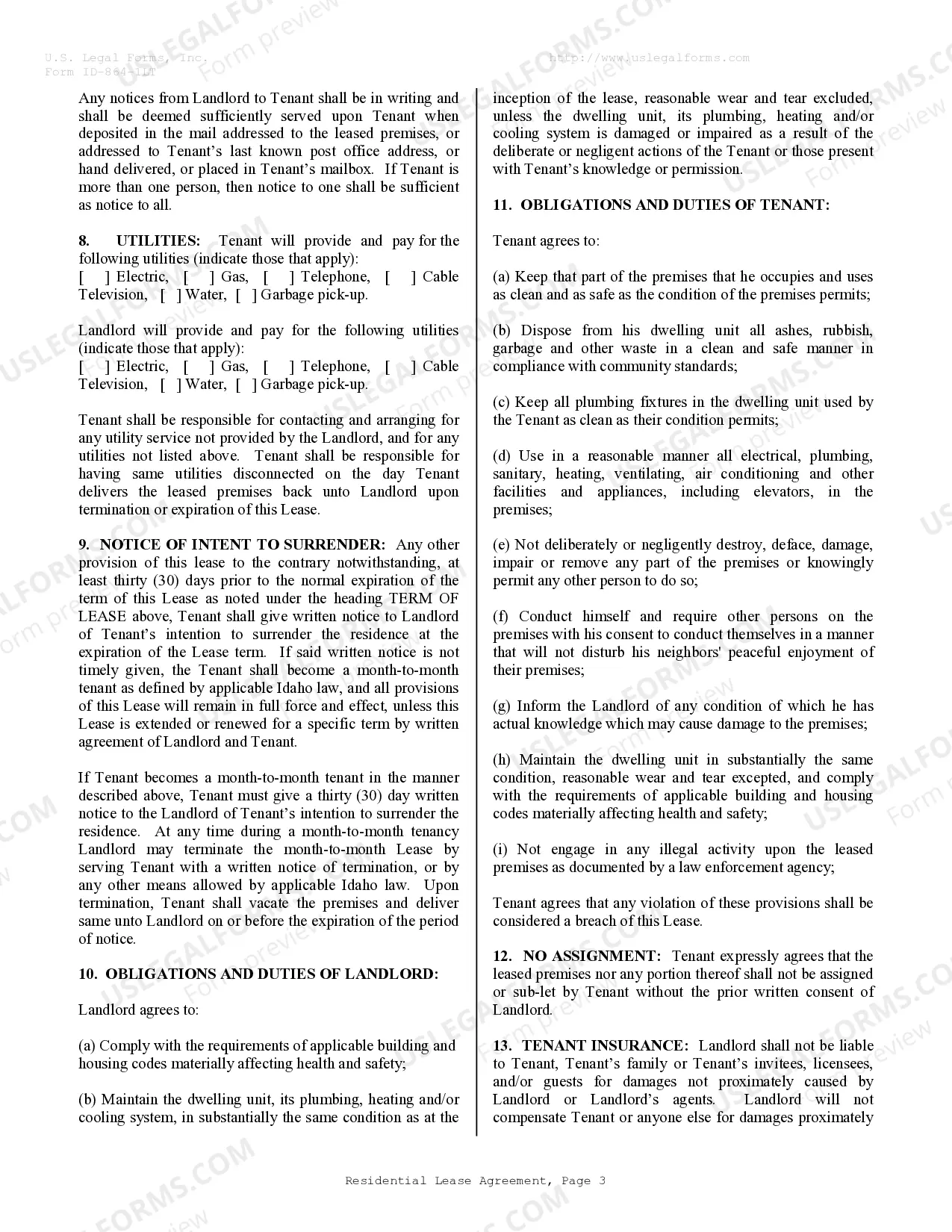 Preview Residential Lease or Rental Agreement for Month to Month