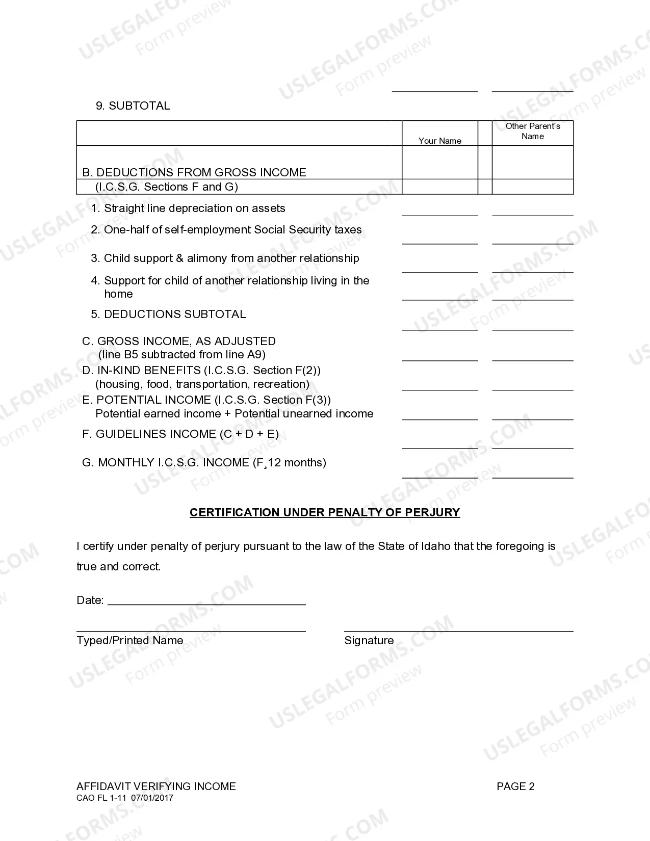 Preview Child Support Affidavit