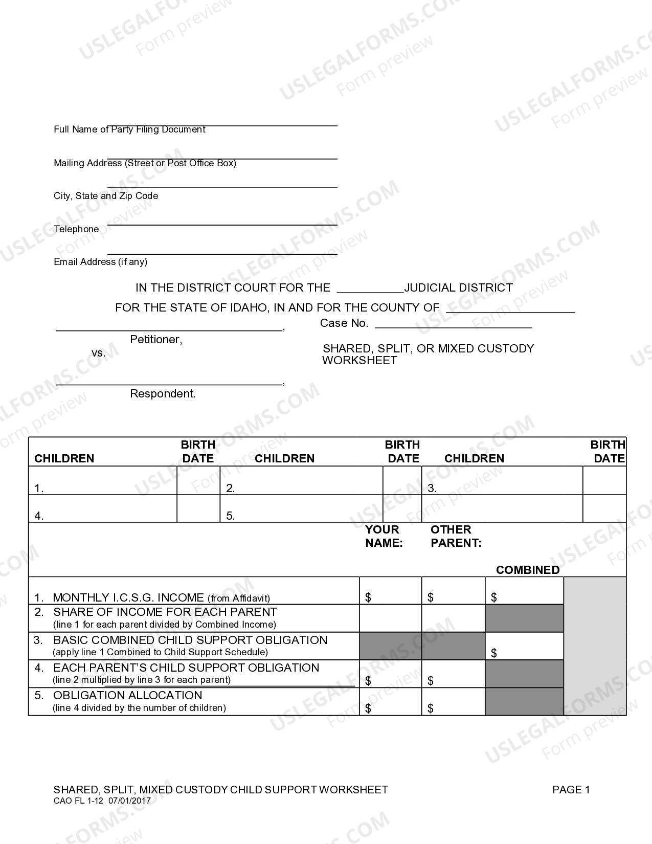 Idaho Child Support Calculation Form US Legal Forms