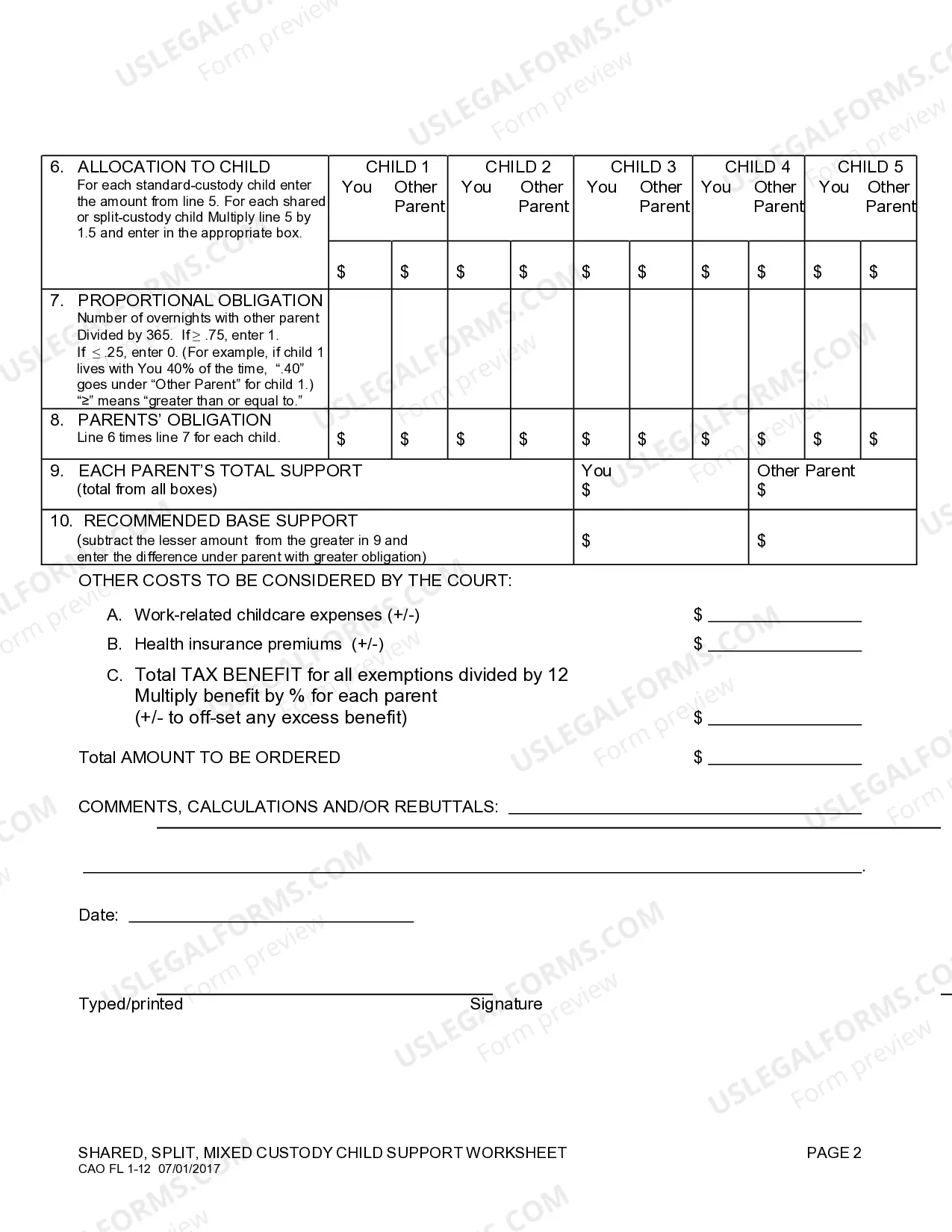 Preview Child Support Worksheet for Shared Custody
