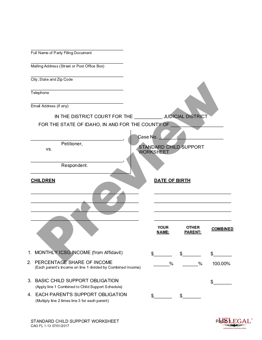 Idaho Child Support Worksheet for Sole Custody - Idaho Child Support