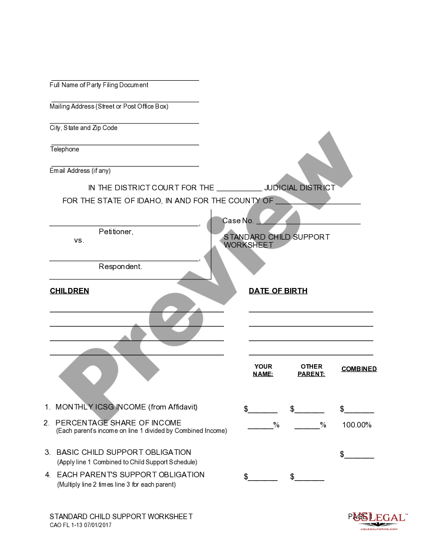 Idaho Child Support Worksheet for Sole Custody - Idaho Child Support Idaho Child Support Worksheet for Sole Custody - Idaho Child Support