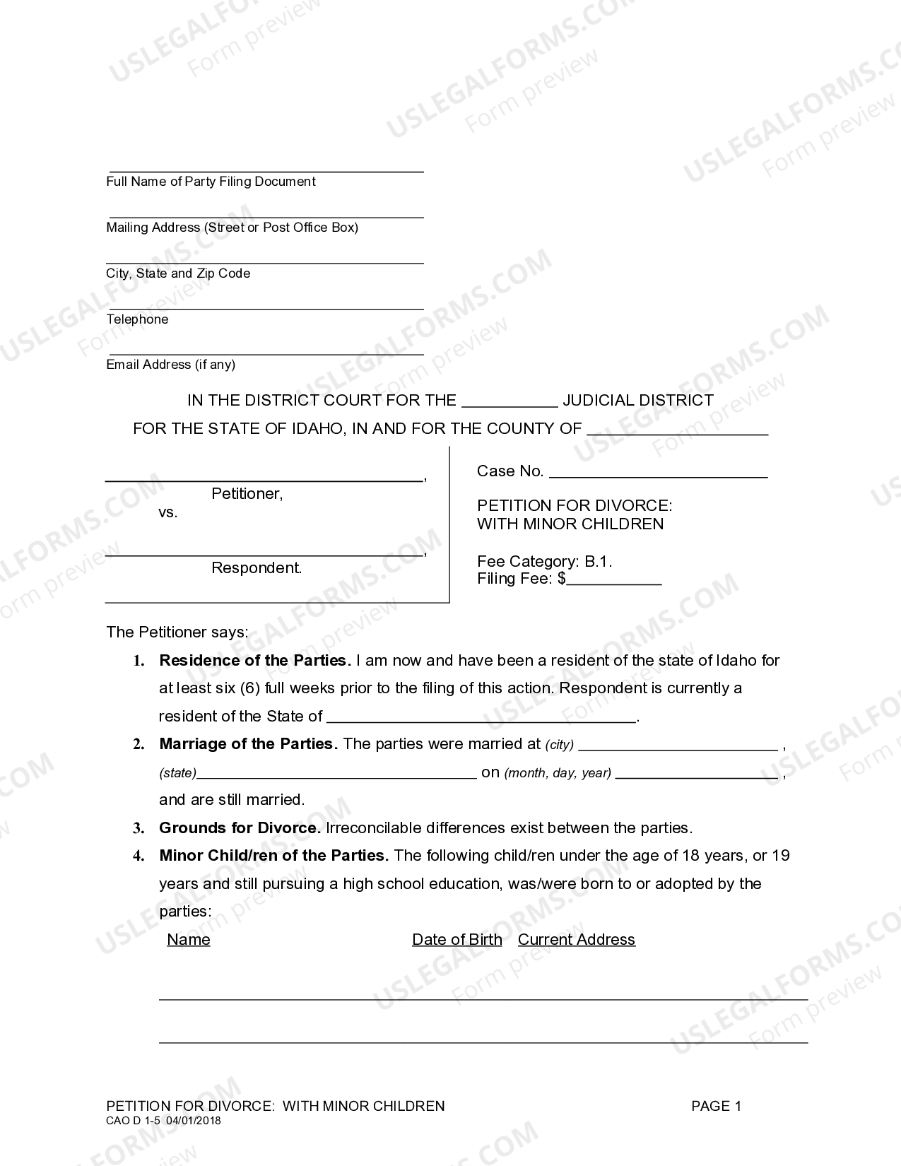 Idaho Complaint for Divorce | US Legal Forms