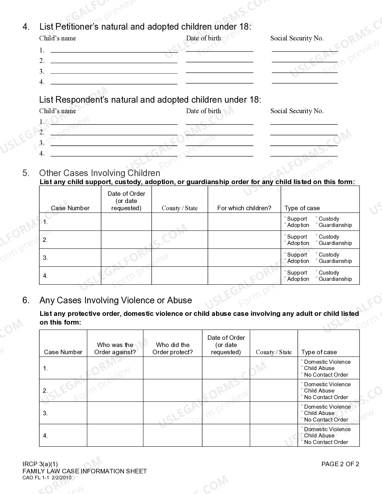 Preview Family Law Information Case Sheet