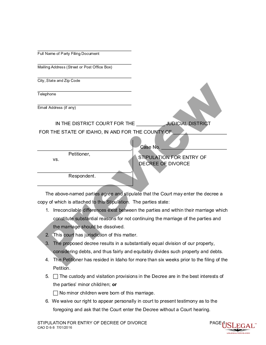 idaho stipulation for entry of decree of divorce stipulation of