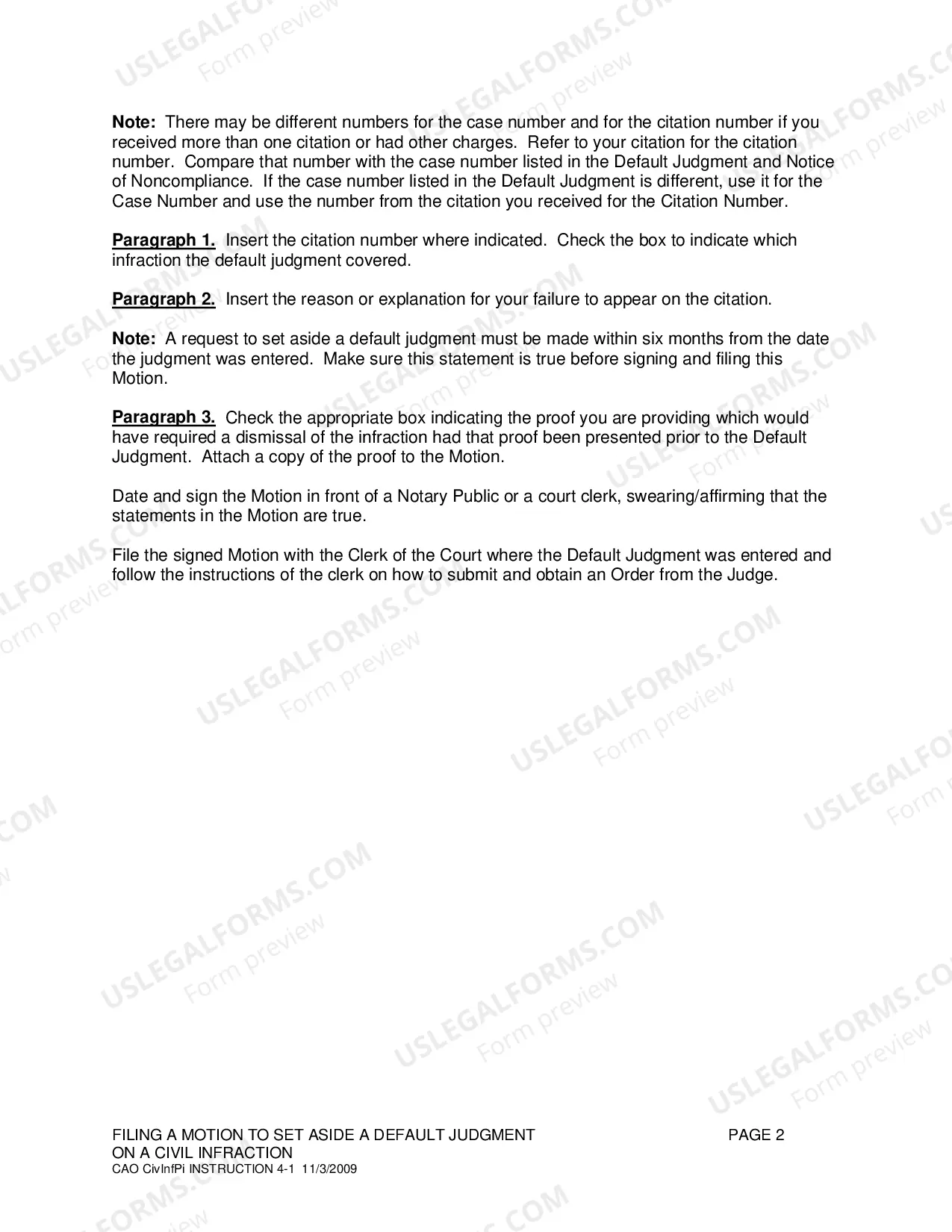 Preview Instructions on Filing Motion to Set Aside a Default Judgment on a Civil Infraction