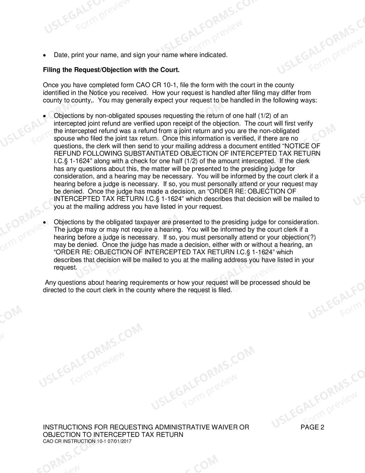 Preview Instructions on Filing an Objection to Intercepted Tax Return