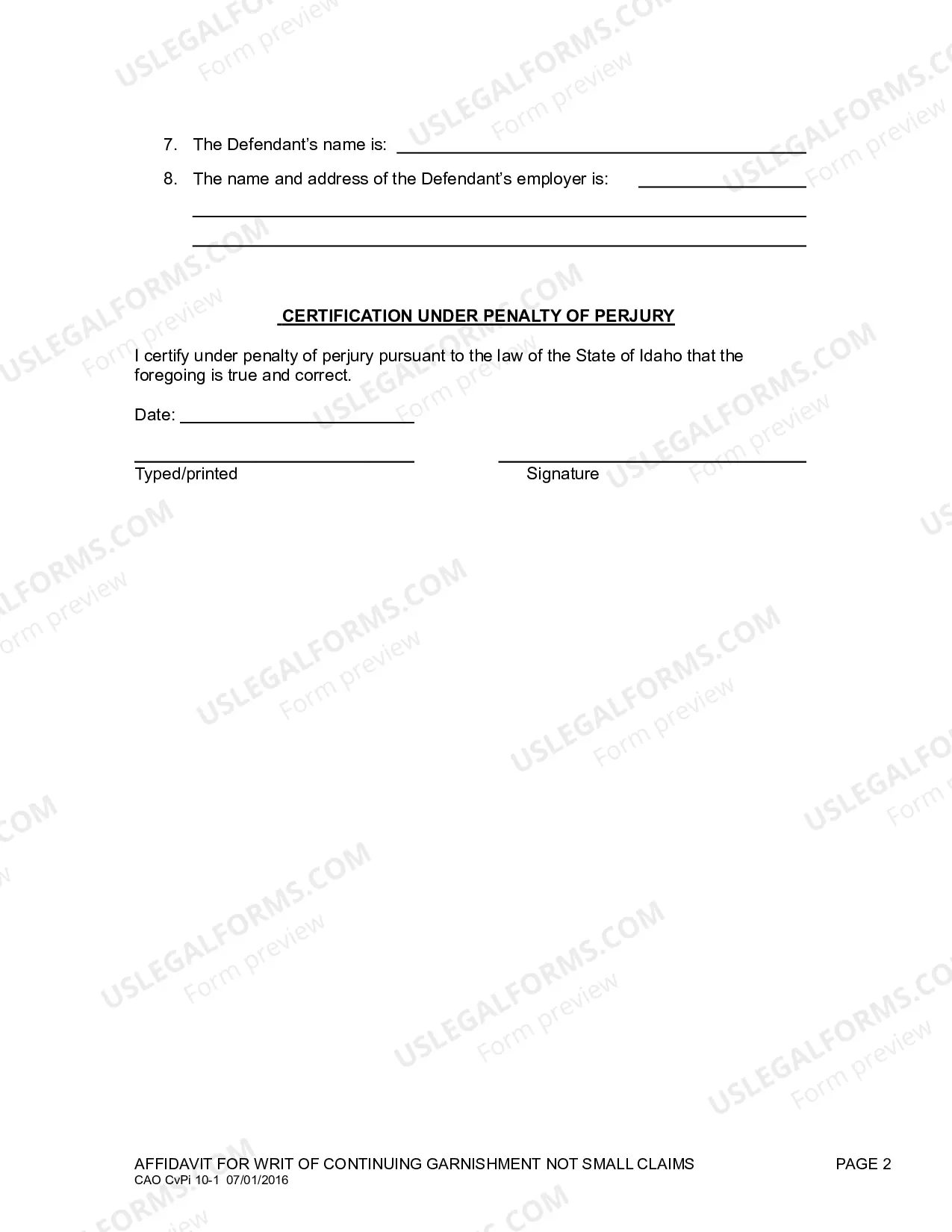 Preview Affidavit for Writ of Continuing Garnishment - Not Small Claims