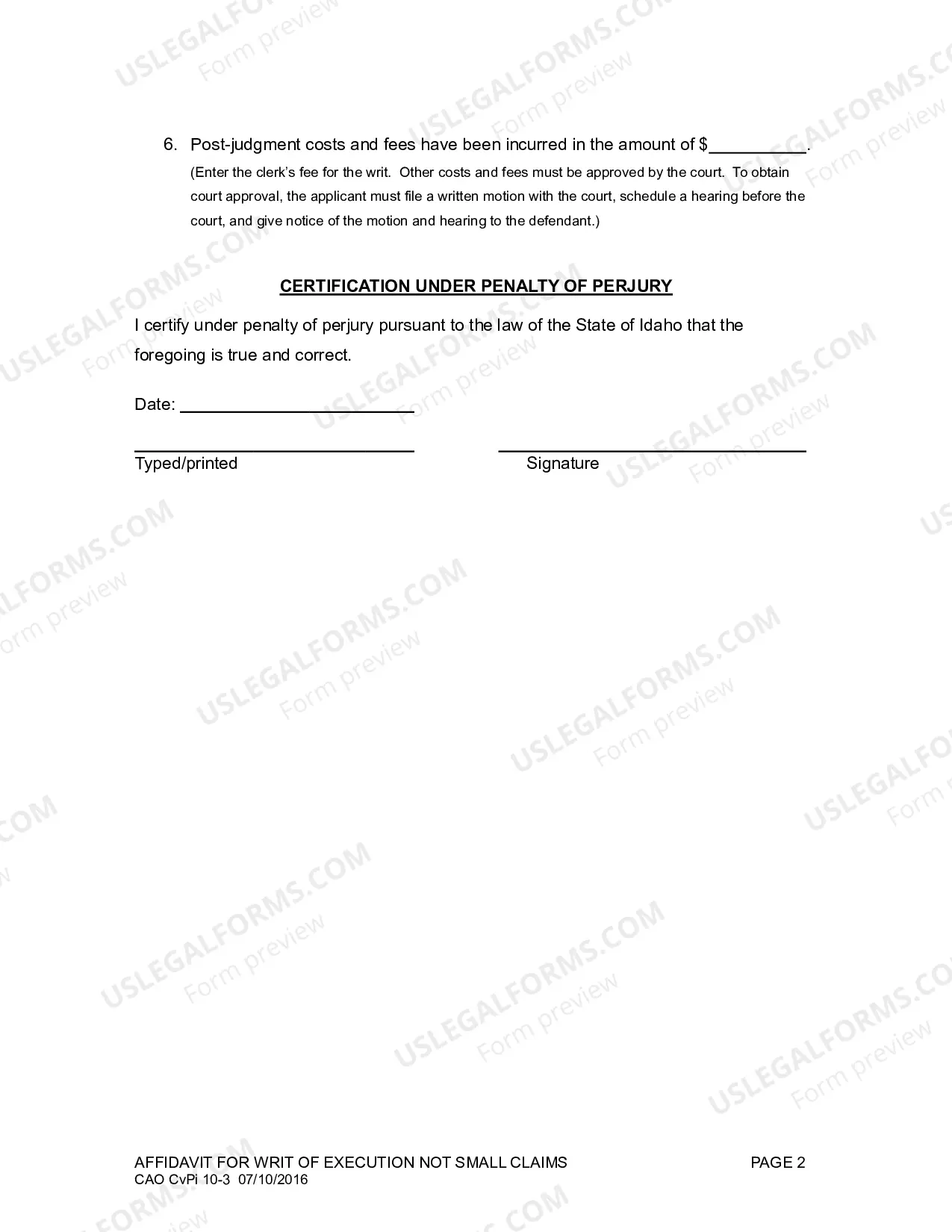 Preview Affidavit for Writ of Execution - Not Small Claims