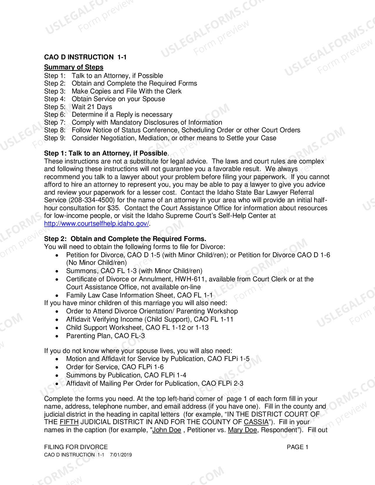 Idaho Summary of Steps Instructions for Divorce US Legal Forms