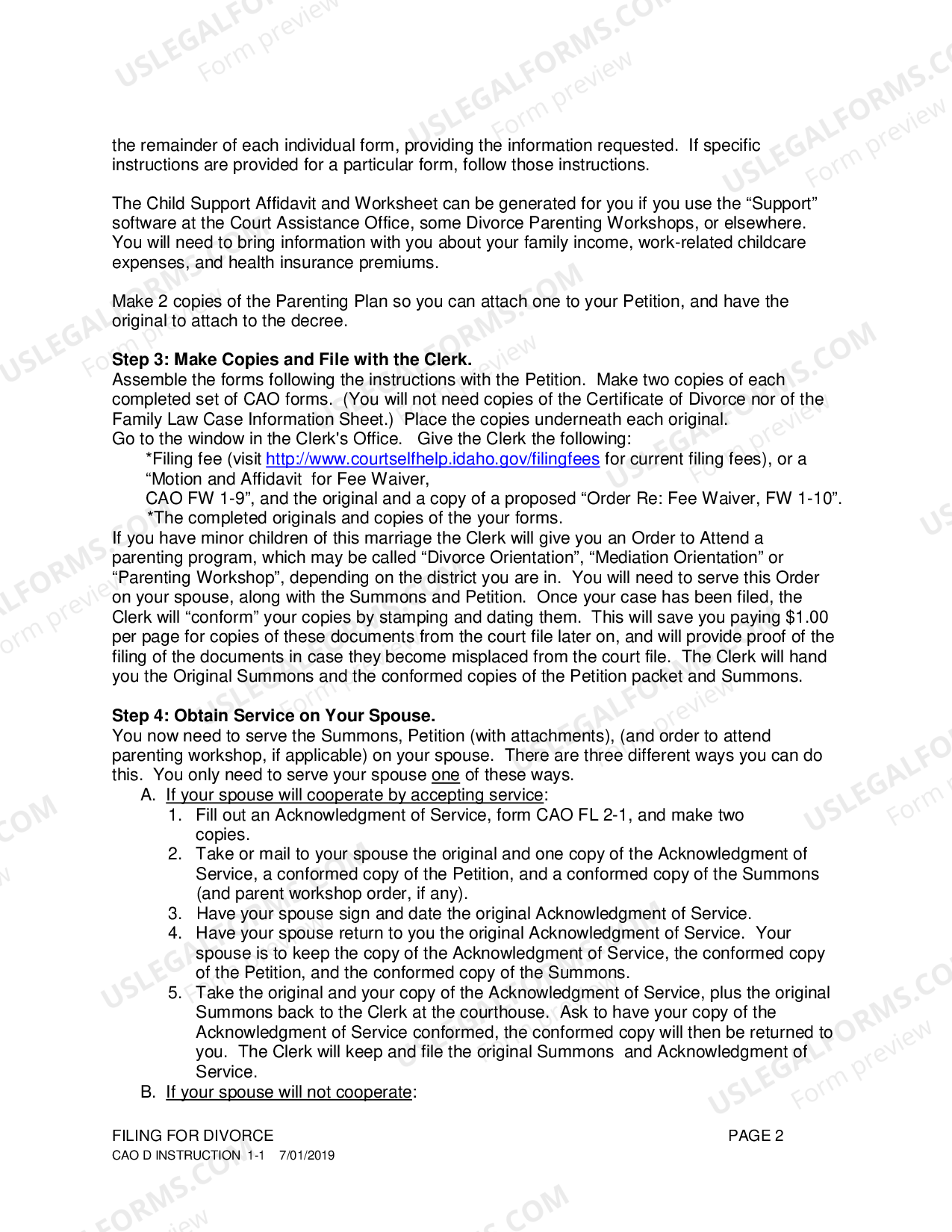 Idaho Summary of Steps Instructions for Divorce US Legal Forms