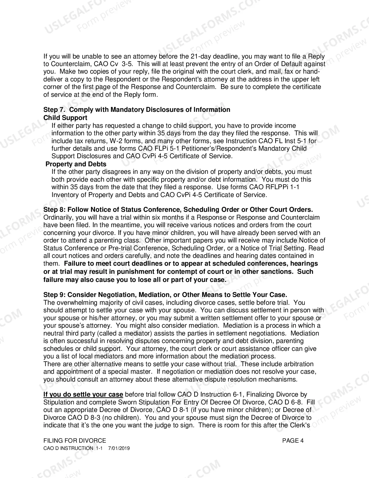 Preview Summary of Steps Instructions for Divorce