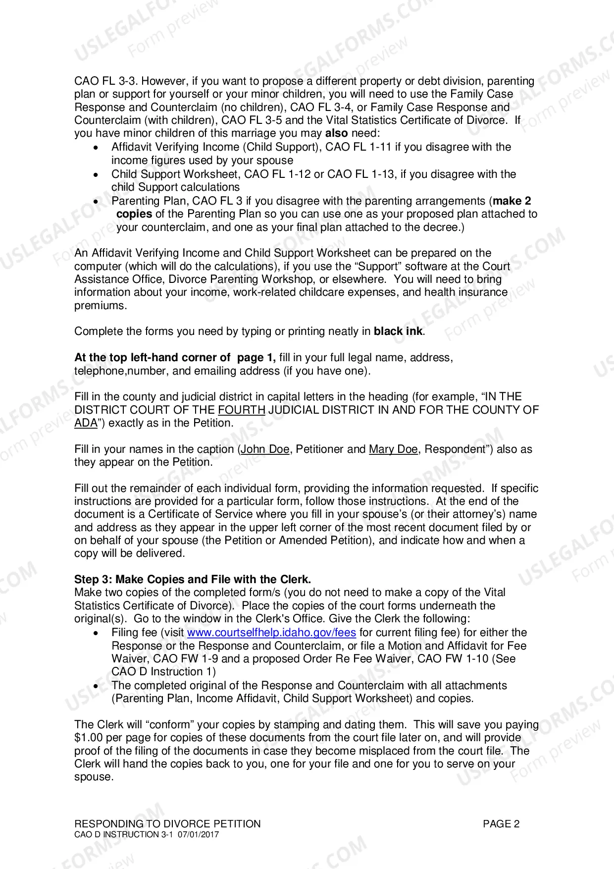 Preview Responding to Divorce Petition Instructions