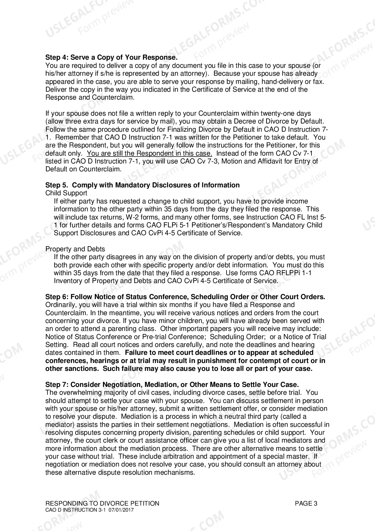 Preview Responding to Divorce Petition Instructions