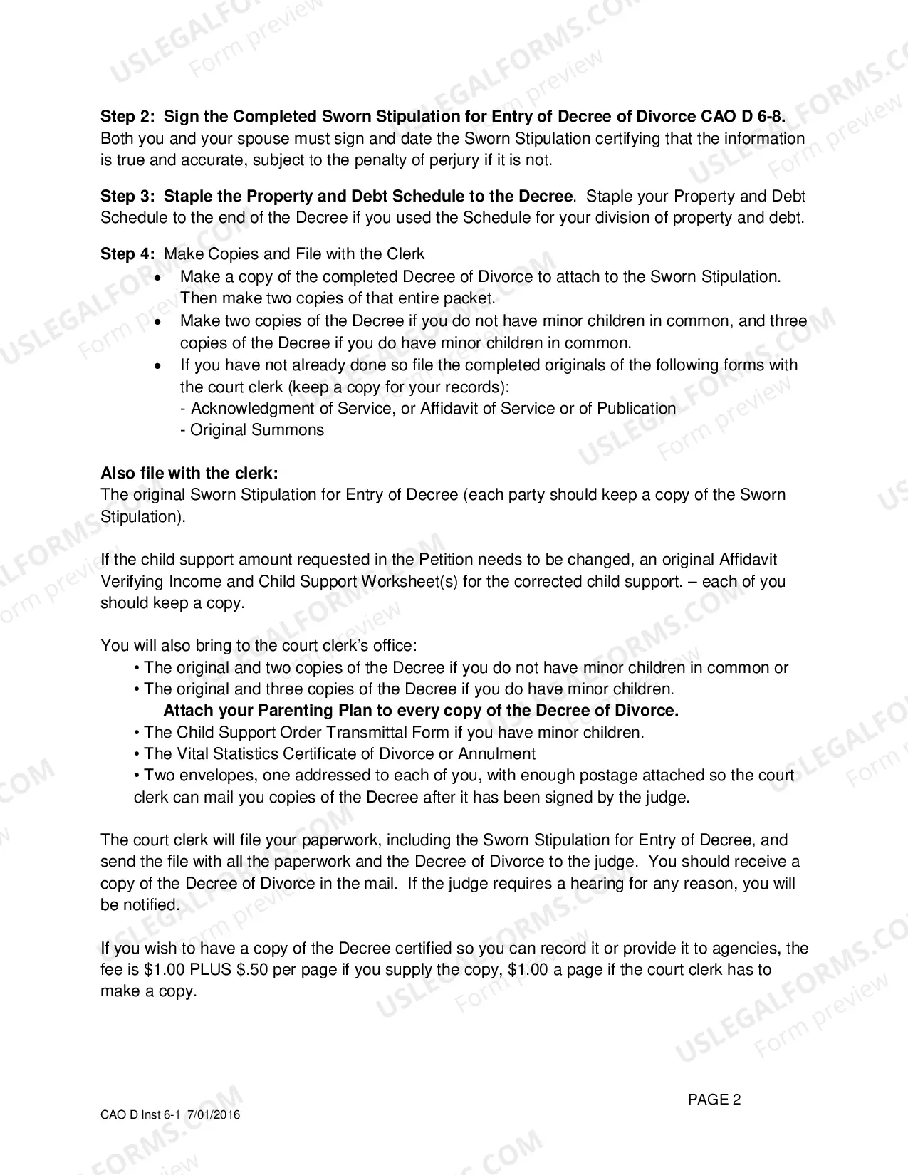 Preview Instructions for Finalizing your Divorce with a Sworn Stipulation for Entry of a Decree