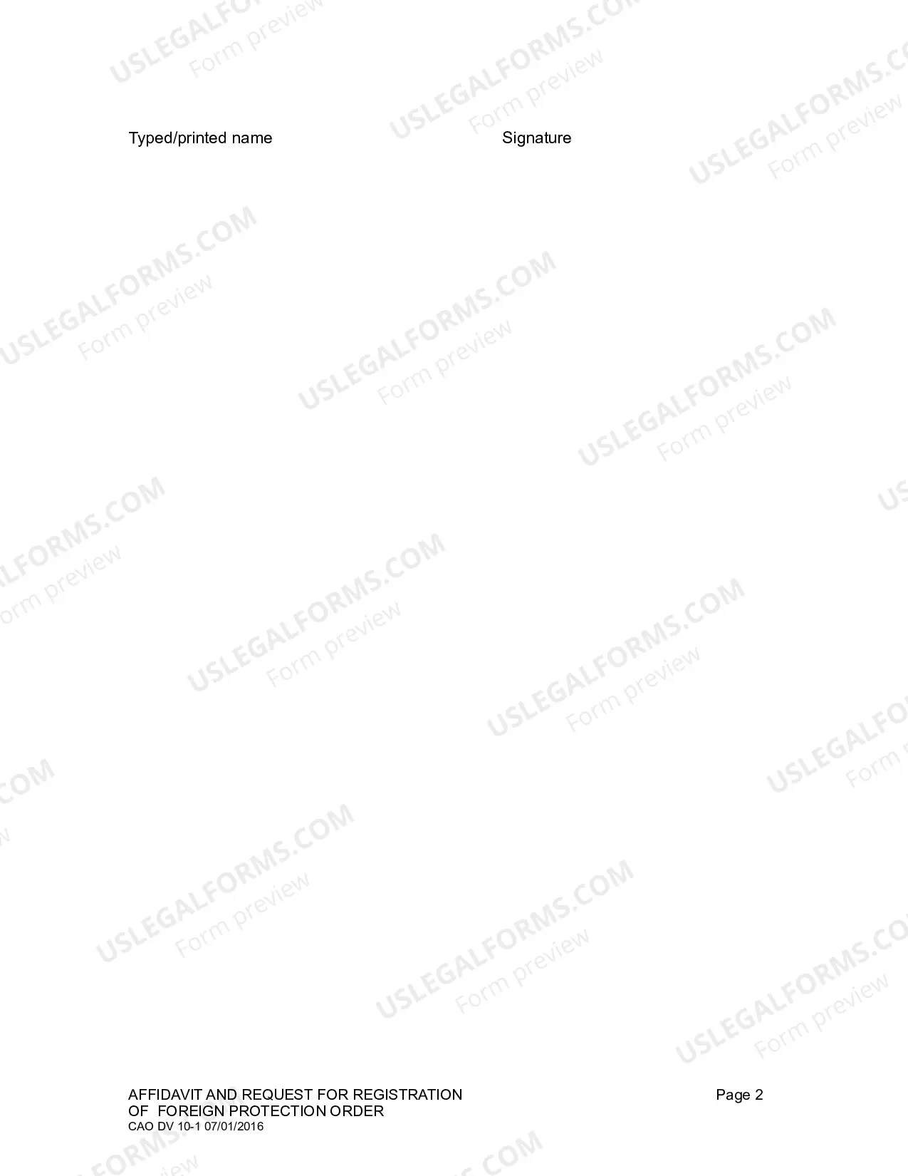Preview Affidavit and Request for Registration of Foreign Protection Order