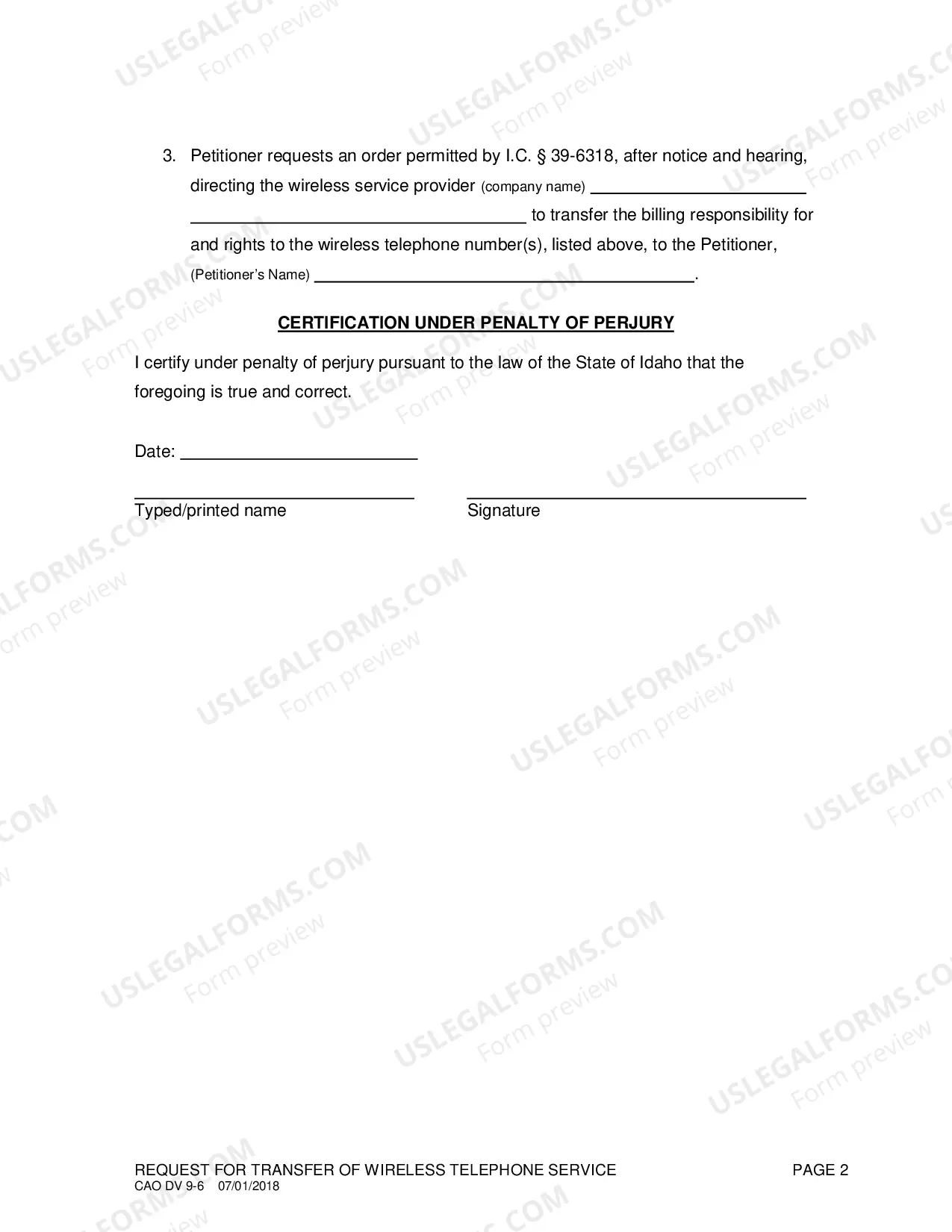 Preview Request for Transfer of Wireless Telephone Service