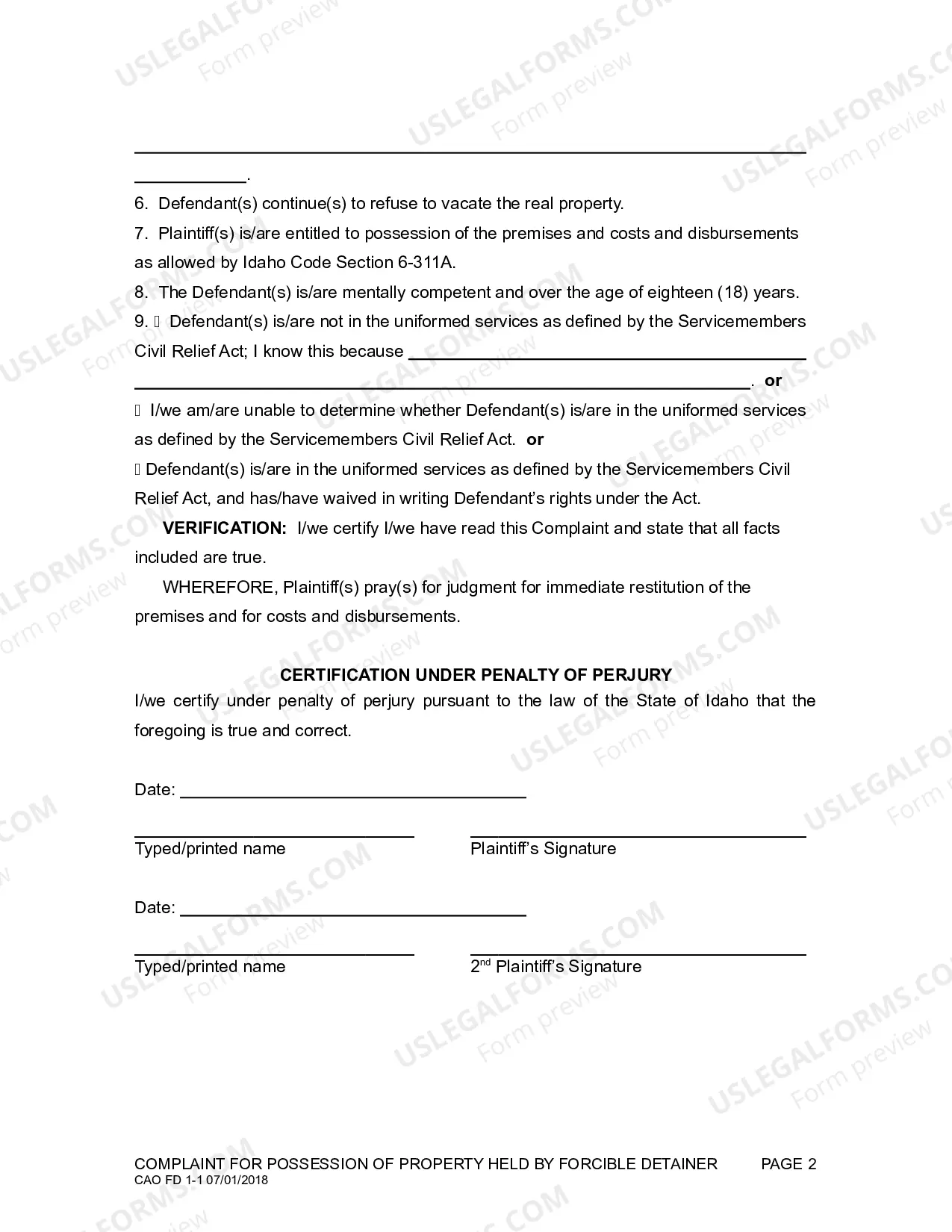 Preview Complaint for Eviction - Forcible Detainer