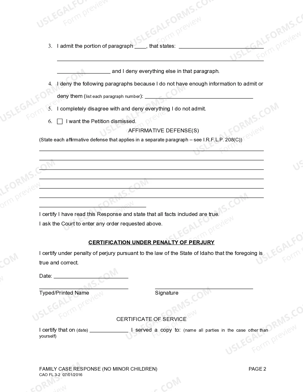 Preview Family Case Response - No Minor Children