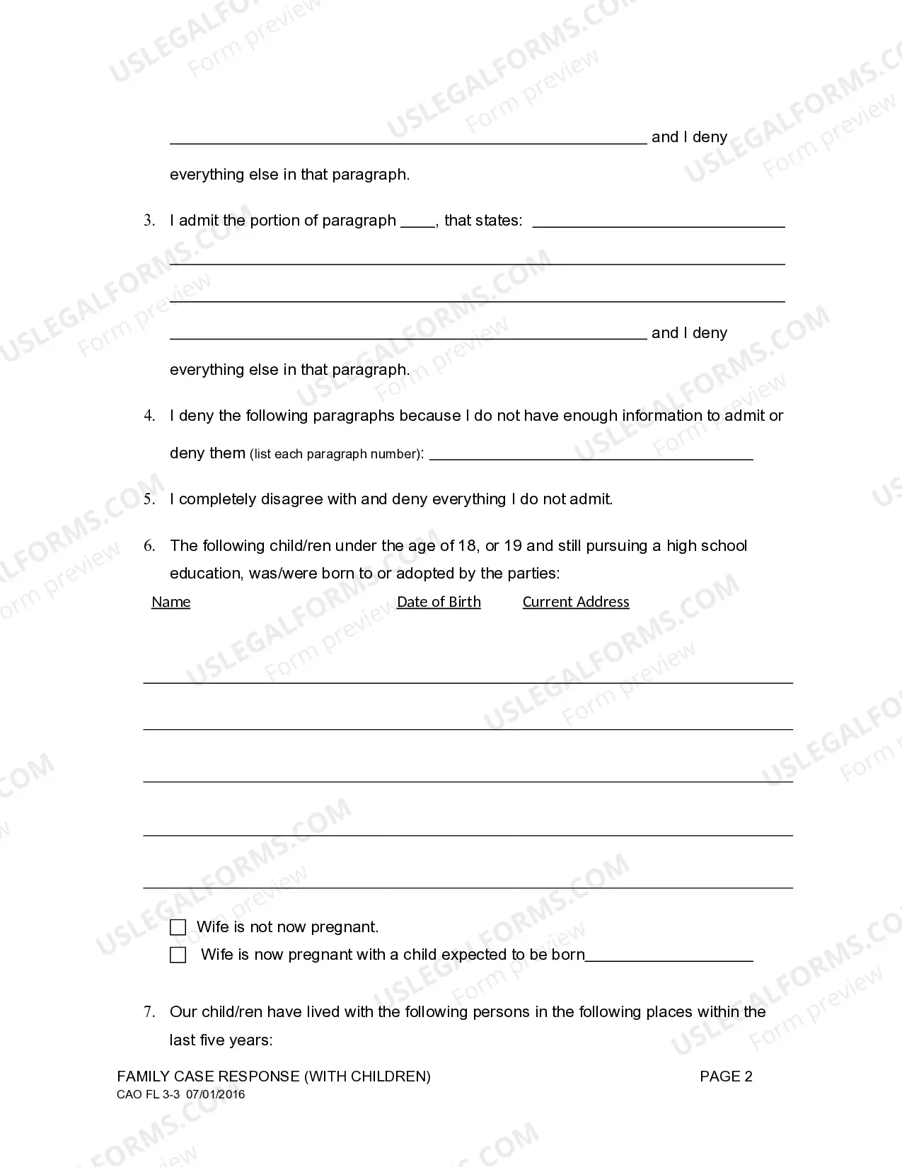 Preview Family Case Response with Minor Children
