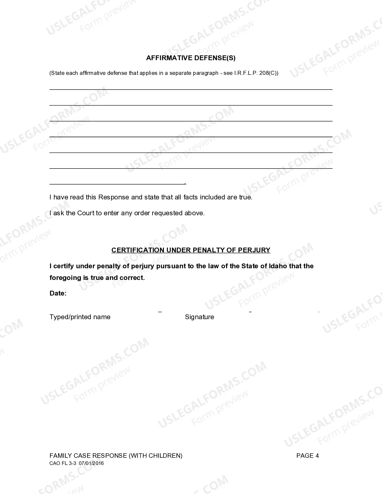 Preview Family Case Response with Minor Children