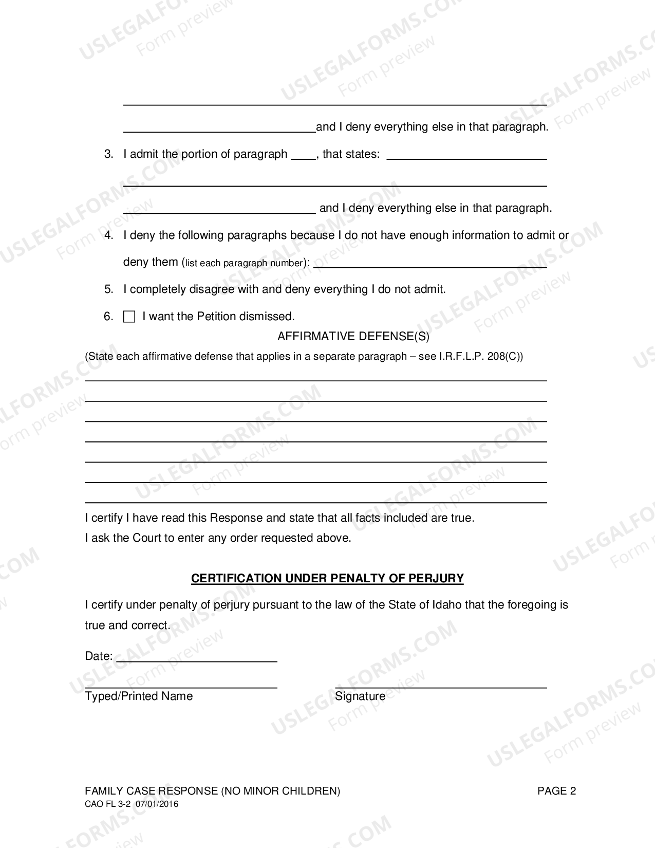 Idaho Family Case Response Instructions for Divorce with No Minor