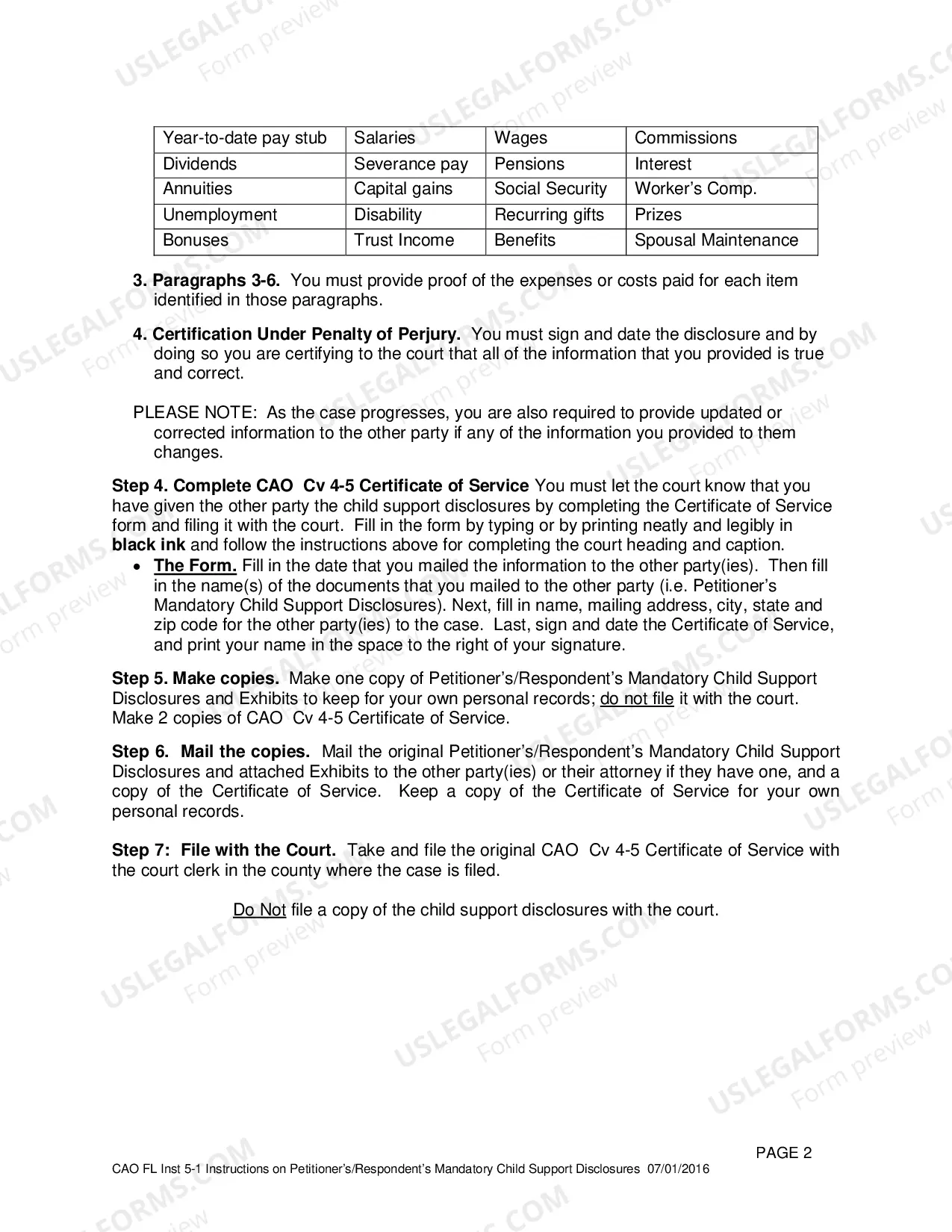 Preview Instructions for Mandatory Child Support Disclosures