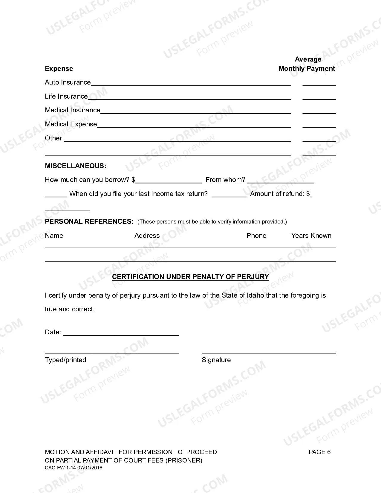 Preview Motion and Affidavit to Proceed on Partial Payment of Court Fees by Prisoner