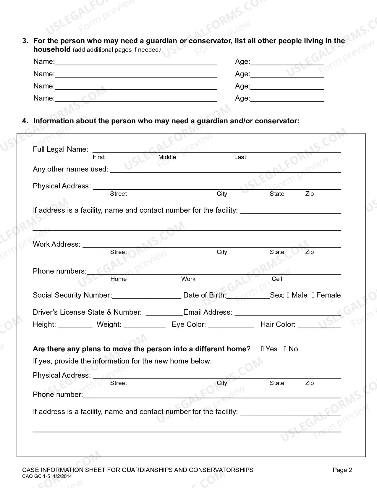 Preview Case Information Sheet for Guardianships and Conservatorships