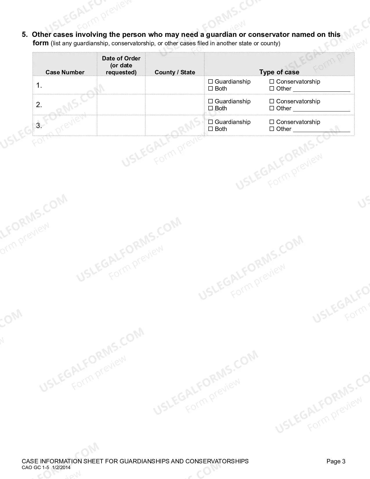 Preview Case Information Sheet for Guardianships and Conservatorships