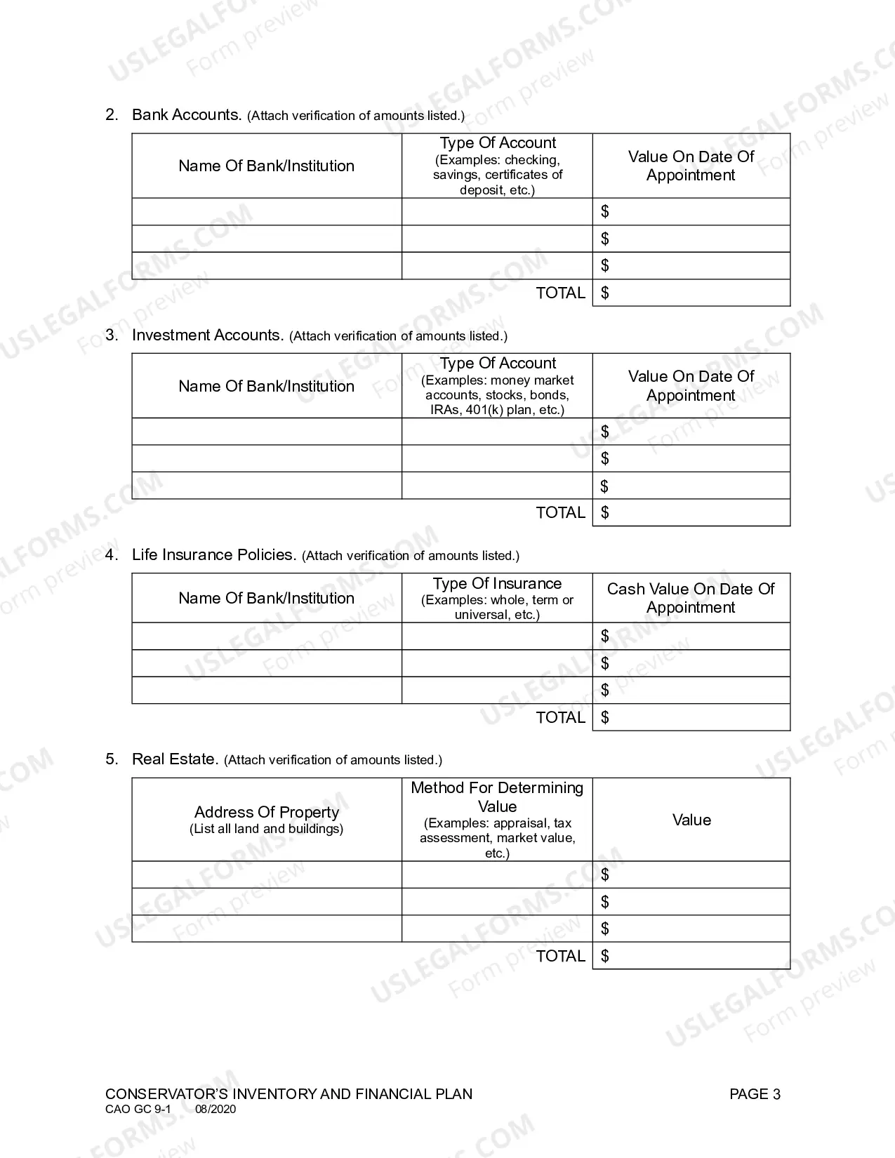 Preview Conservator's Inventory and Financial Plan