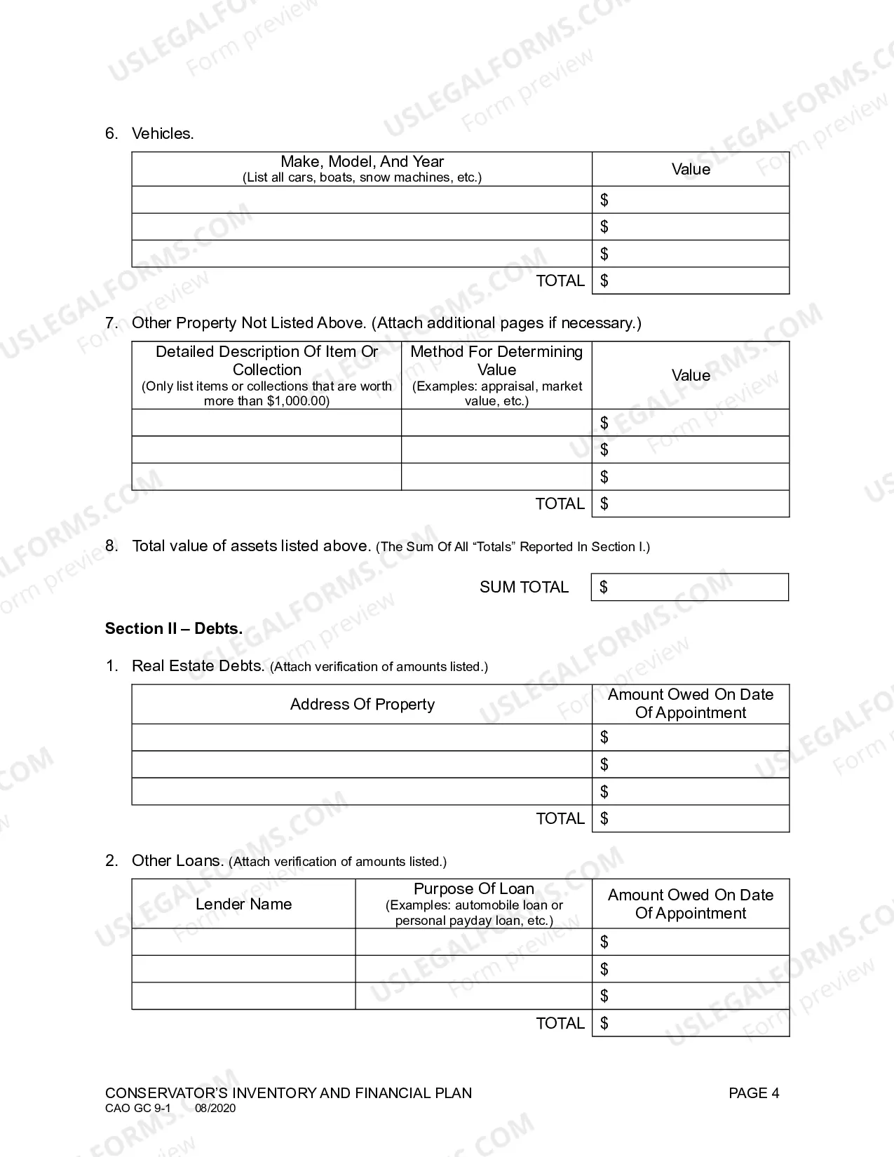 Preview Conservator's Inventory and Financial Plan