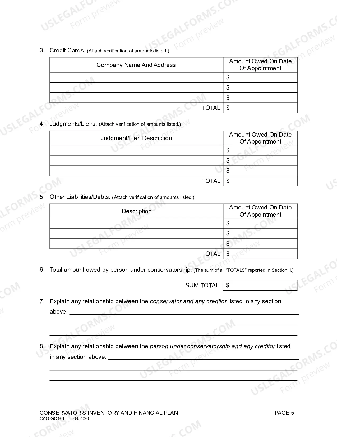 Preview Conservator's Inventory and Financial Plan