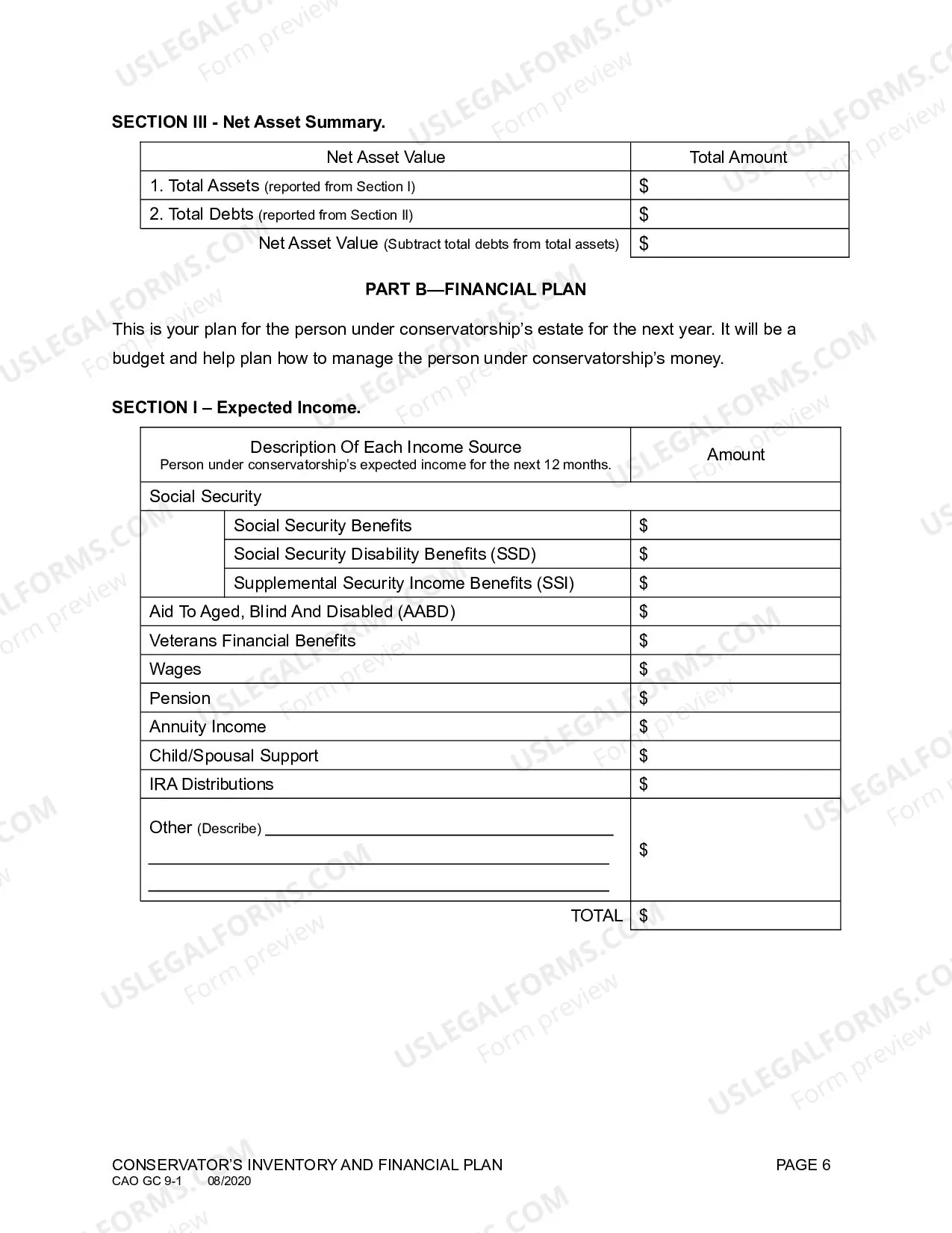 Preview Conservator's Inventory and Financial Plan