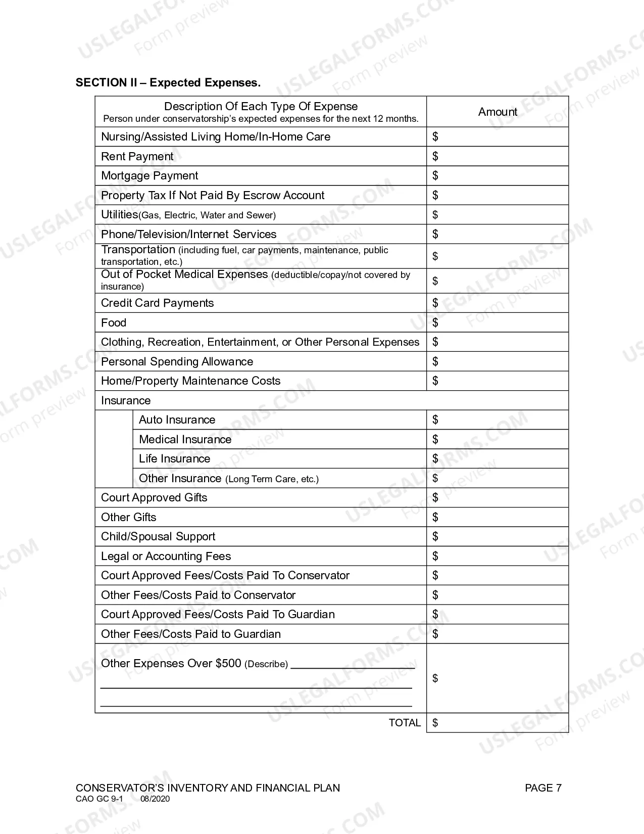 Preview Conservator's Inventory and Financial Plan