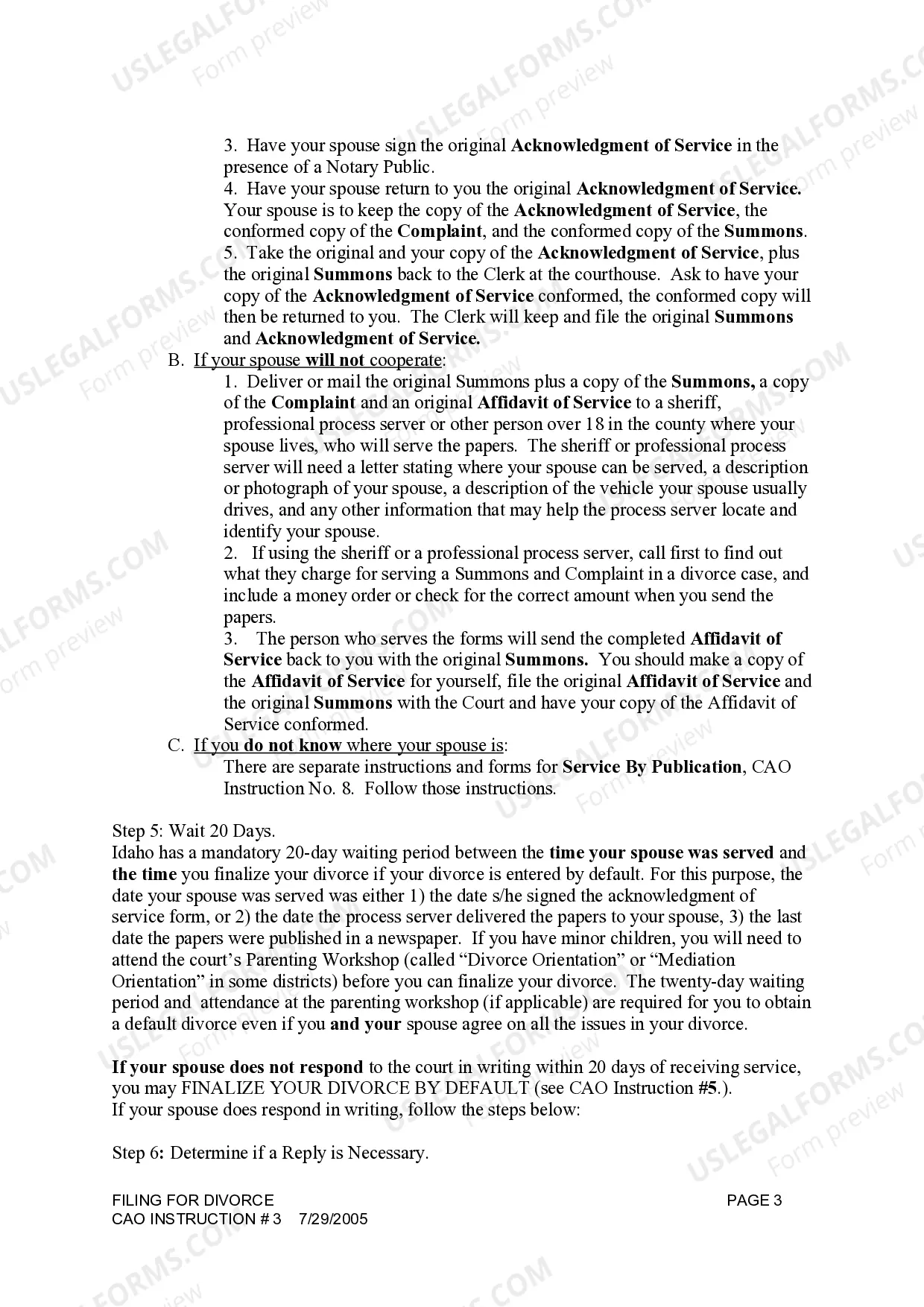 Preview Idaho Instructions for Filing for Divorce
