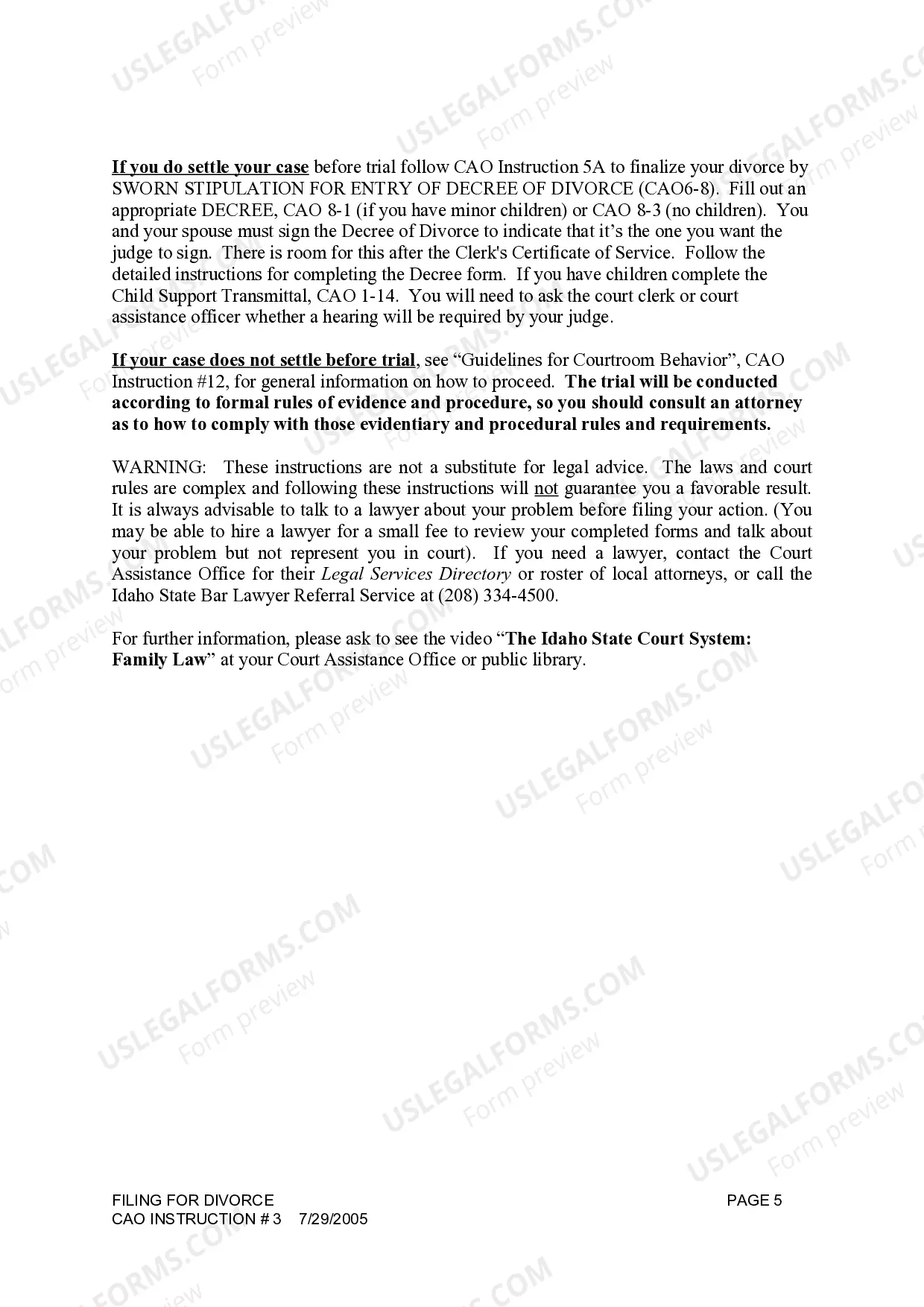 Preview Idaho Instructions for Filing for Divorce