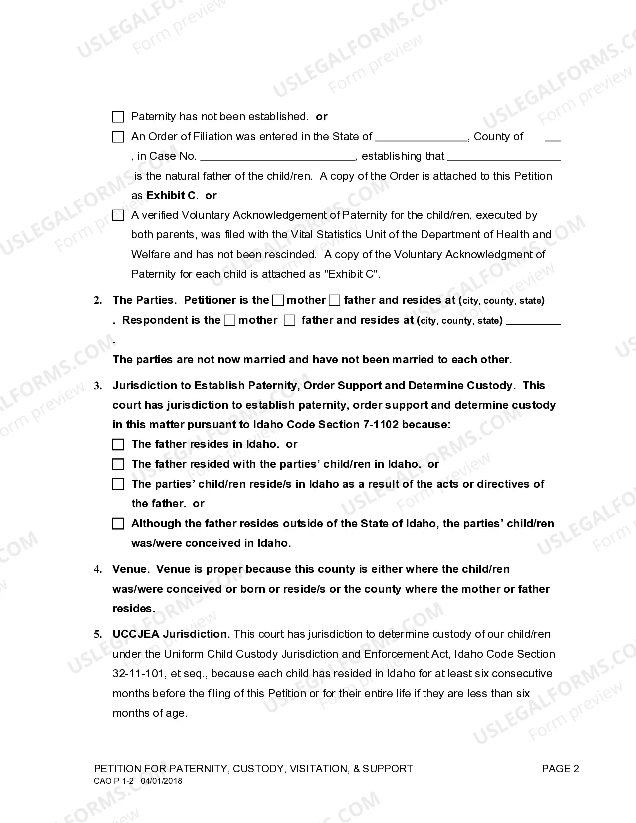 Preview Petition for Paternity, Custody, Visitation and Support